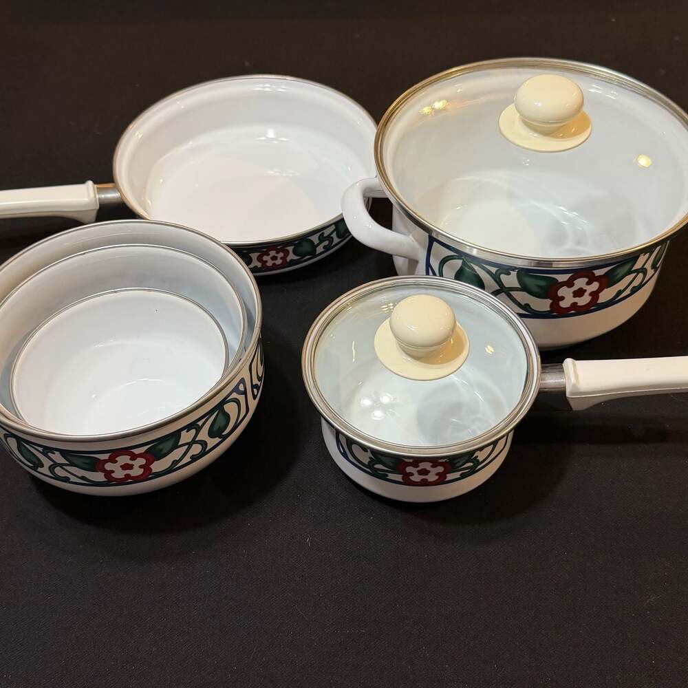 Vintage Enamelware Floral Cookware Set with Lids